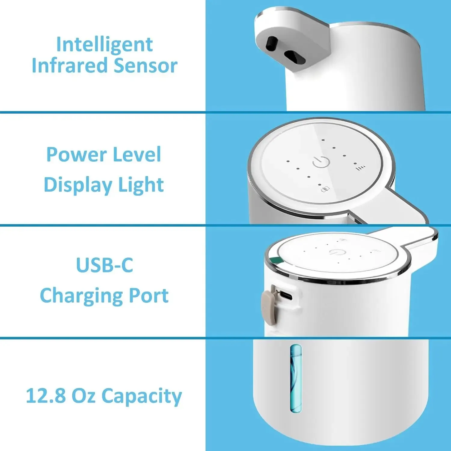 Automatisk Sæbedispenser Berøringsfri Skummende Sæbedispenser 380ml Genopladelig via USB Elektrisk Sæbedispenser med 4 Justerbare Skumindstillinger