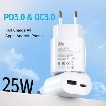 25W Superhurtig oplader 2-i-1 kvikoplader USB A +C
