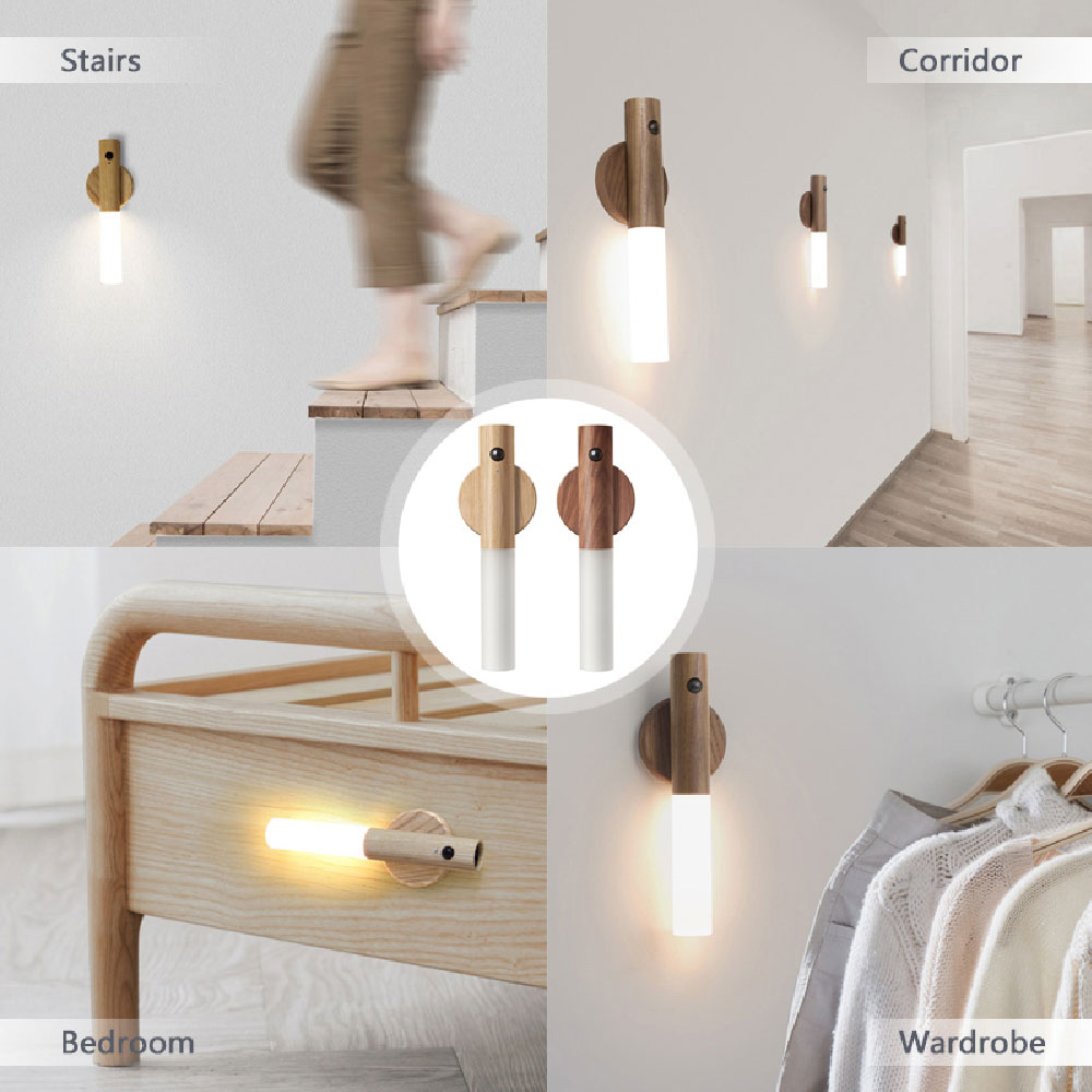 Automatisk LED USB Magnetisk Træ Trådløs Natlys Korridor Verandabelysning PIR Bevægelsessensor Væglampe Skabslampe