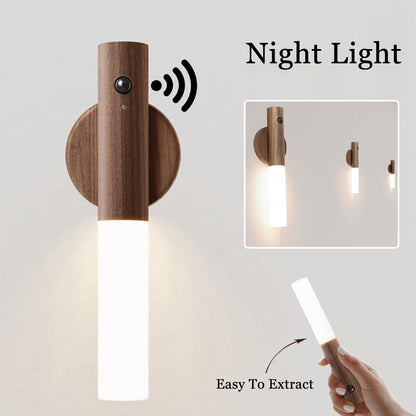 Automatisk LED USB Magnetisk Træ Trådløs Natlys Korridor Verandabelysning PIR Bevægelsessensor Væglampe Skabslampe