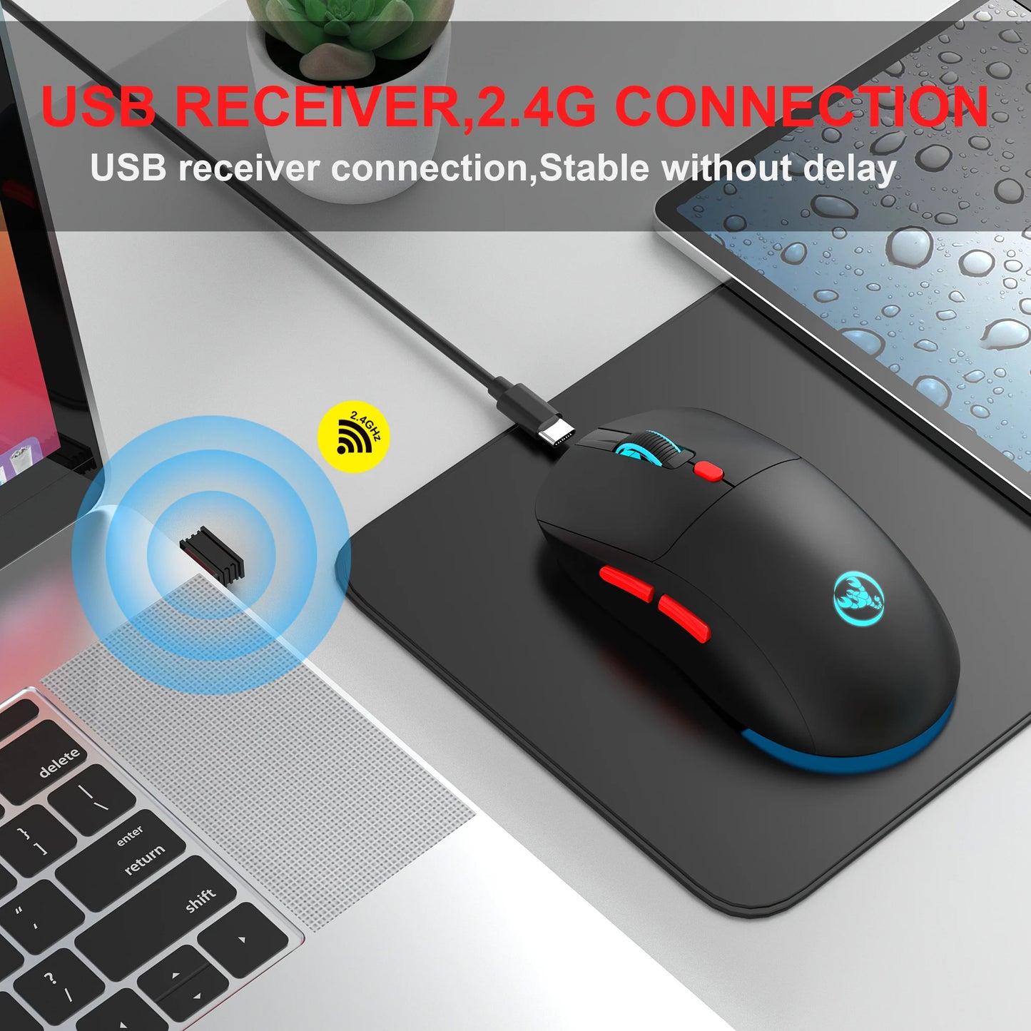 Genopladelig trådløs mus 2.4G RGB – 3600 DPI, Ergonomisk Design, USB-modtager, Type-C opladning