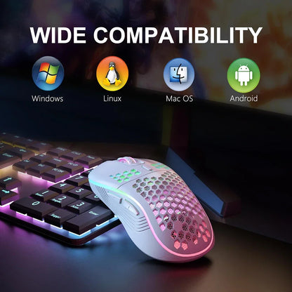 2.4G trådløs RGB-mus med genopladeligt batteri og justerbar DPI (800-1600), ergonomisk design