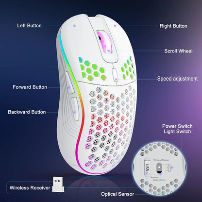 2.4G trådløs RGB-mus med genopladeligt batteri og justerbar DPI (800-1600), ergonomisk design