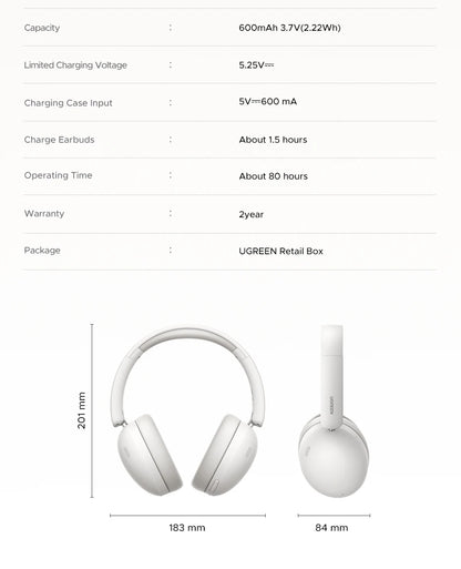 Trådløse Over-Ear Bluetooth-hovedtelefoner – 80 timers spilletid, Hi-Fi stereolyd med mikrofon, Bluetooth 5.4