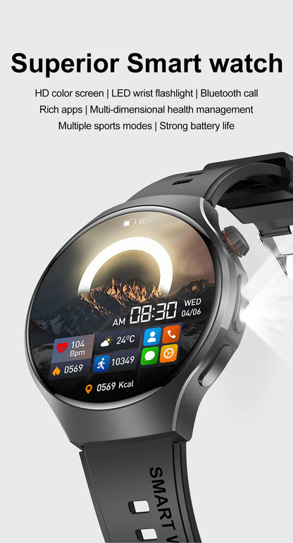 Herren-Smartwatch mit Full Touch, Bluetooth-Anrufen, Kompass und Taschenlampe – Fitness-Tracker und Herzfrequenzmesser, wasserdicht