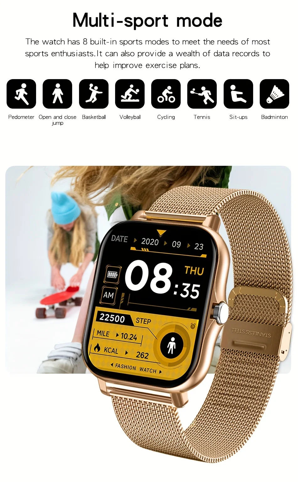 Smartwatch med trådløse opkald og digital skærm – Silikonerem og design i rustfrit stål