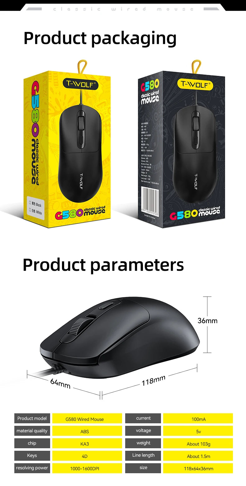 G580 Ergonomisk Mus Med Ledning – 1600 DPI Justerbar, Anti-skrid Design til PC & Bærbar