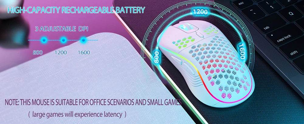 2.4G trådløs RGB-mus med genopladeligt batteri og justerbar DPI (800-1600), ergonomisk design