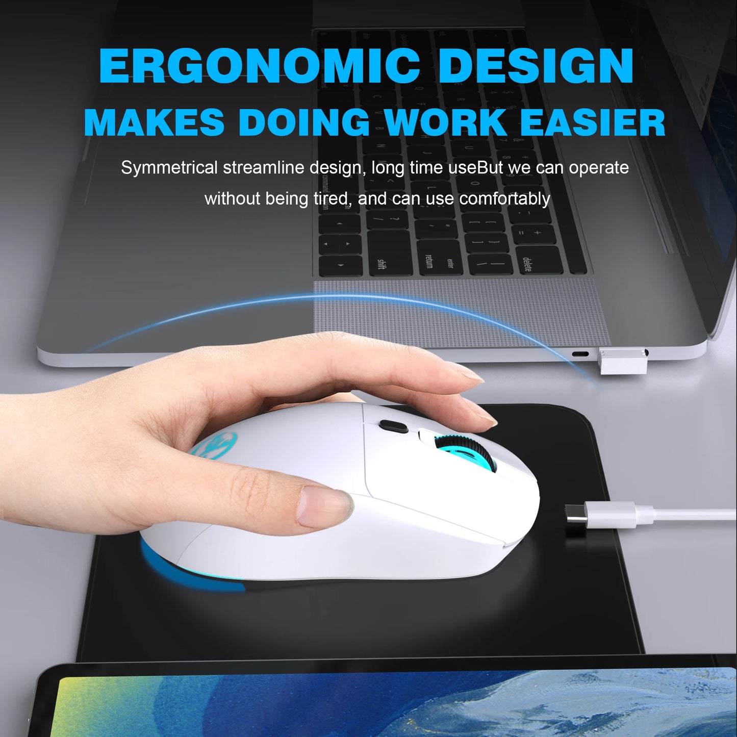 Genopladelig trådløs mus 2.4G RGB – 3600 DPI, Ergonomisk Design, USB-modtager, Type-C opladning