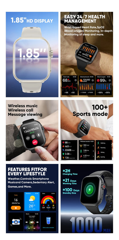 1,85" HD AMOLED Smartwatch med Bluetooth-opkald – IP68 Vandtæt Full Touch Sportsur til Mænd og Kvinder (2025)
