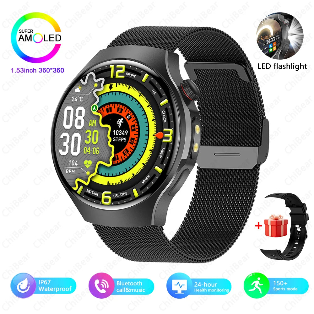 Herren-Smartwatch mit Full Touch, Bluetooth-Anrufen, Kompass und Taschenlampe – Fitness-Tracker und Herzfrequenzmesser, wasserdicht