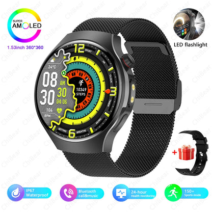 Herren-Smartwatch mit Full Touch, Bluetooth-Anrufen, Kompass und Taschenlampe – Fitness-Tracker und Herzfrequenzmesser, wasserdicht