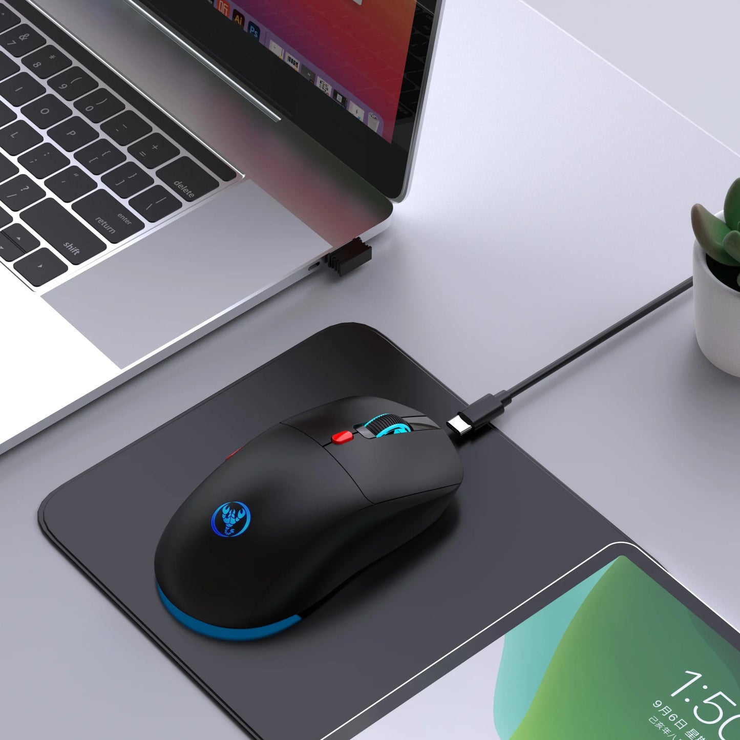 Genopladelig trådløs mus 2.4G RGB – 3600 DPI, Ergonomisk Design, USB-modtager, Type-C opladning