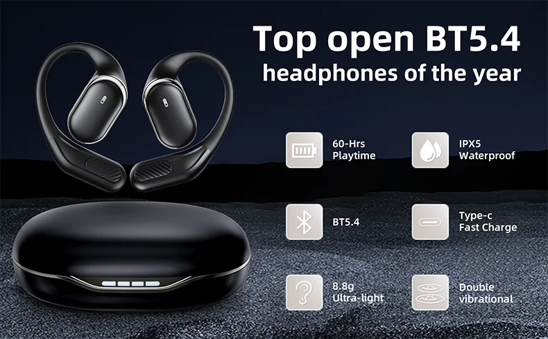 Bluetooth 5.4 Open-Ear-Kopfhörer – 60 Std. Spielzeit, Dual-Mikrofon, klare Anrufe, Sport-Luftleitung-Ohrhörer