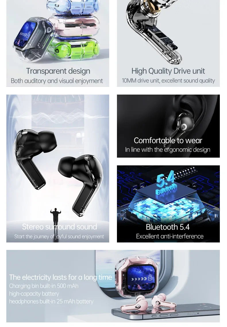 True Wireless Bluetooth 5.4 Earbuds – ANC Noise-Cancelling, HD Stereo Bass, Gamer Headset with LED Touch Control