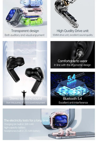 True Wireless Bluetooth 5.4 Earbuds – ANC Noise-Cancelling, HD Stereo Bass, Gamer Headset with LED Touch Control
