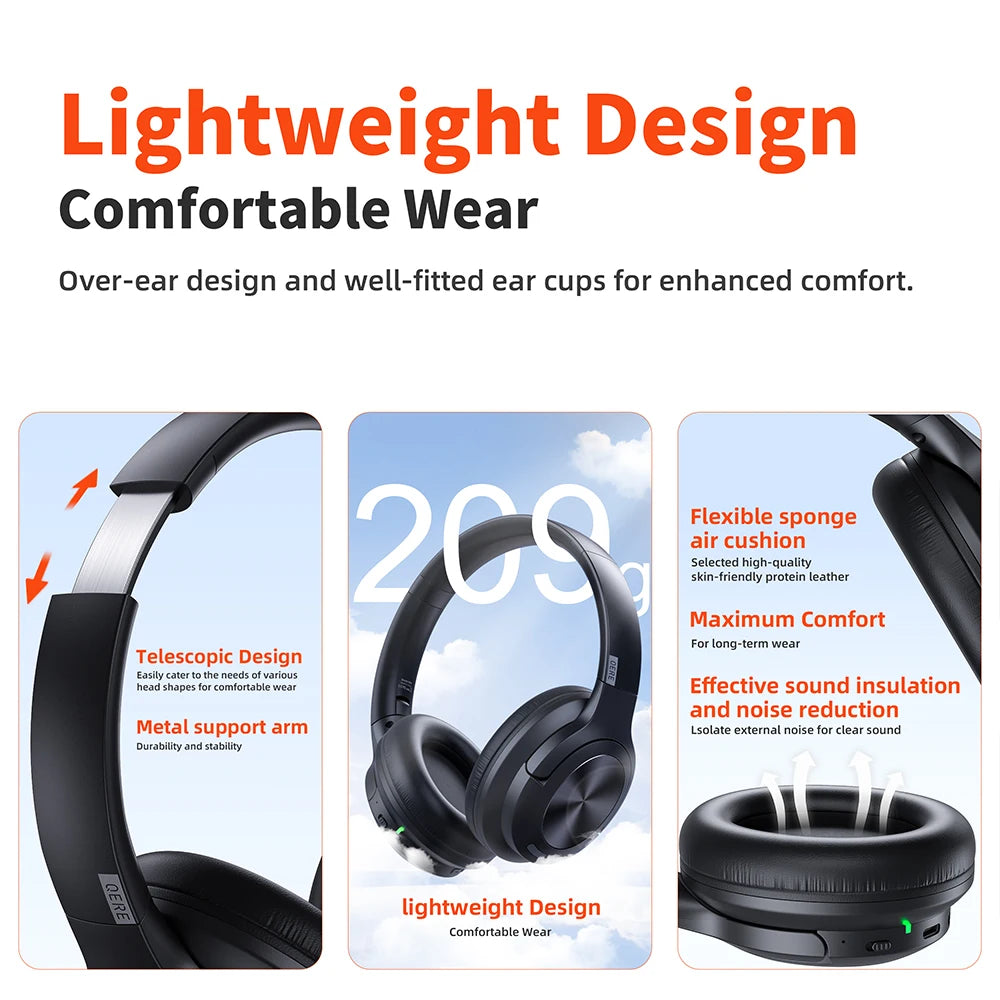 QERE E80 Kabellose Over-Ear-Kopfhörer – Bluetooth 5.3, ANC-Geräuschunterdrückung, Hi-Res Audio, 70 Std. Wiedergabezeit, 40-mm-Treiber