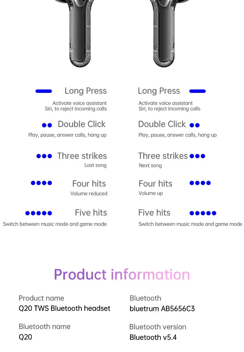 True Wireless Bluetooth 5.4 Earbuds – ANC Noise-Cancelling, HD Stereo Bass, Gamer Headset with LED Touch Control