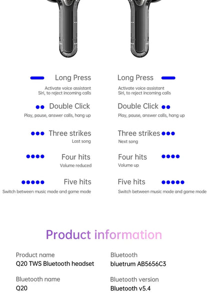 True Wireless Bluetooth 5.4 Earbuds – ANC Noise-Cancelling, HD Stereo Bass, Gamer Headset with LED Touch Control