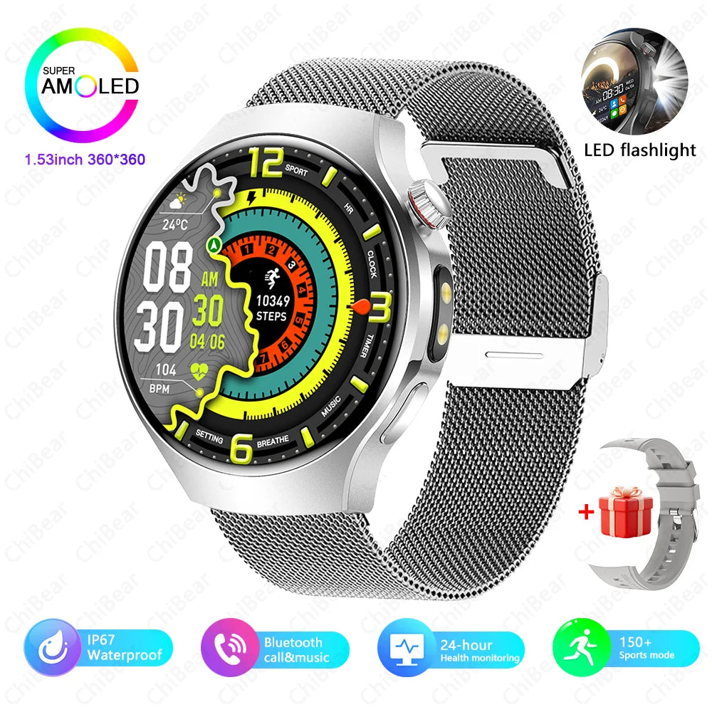 Herren-Smartwatch mit Full Touch, Bluetooth-Anrufen, Kompass und Taschenlampe – Fitness-Tracker und Herzfrequenzmesser, wasserdicht