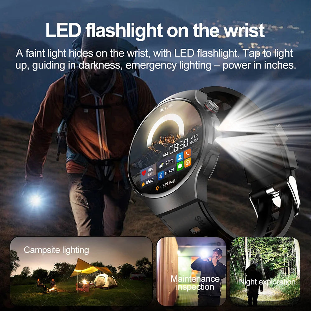 Herren-Smartwatch mit Full Touch, Bluetooth-Anrufen, Kompass und Taschenlampe – Fitness-Tracker und Herzfrequenzmesser, wasserdicht