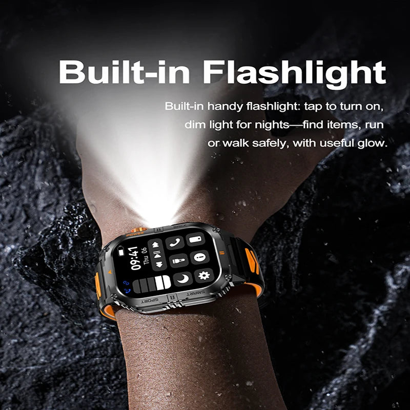 Smart Sportsuhr für Herren – Bluetooth-Anrufe, Fitness-Tracking & LED-Taschenlampe (2,0” HD)