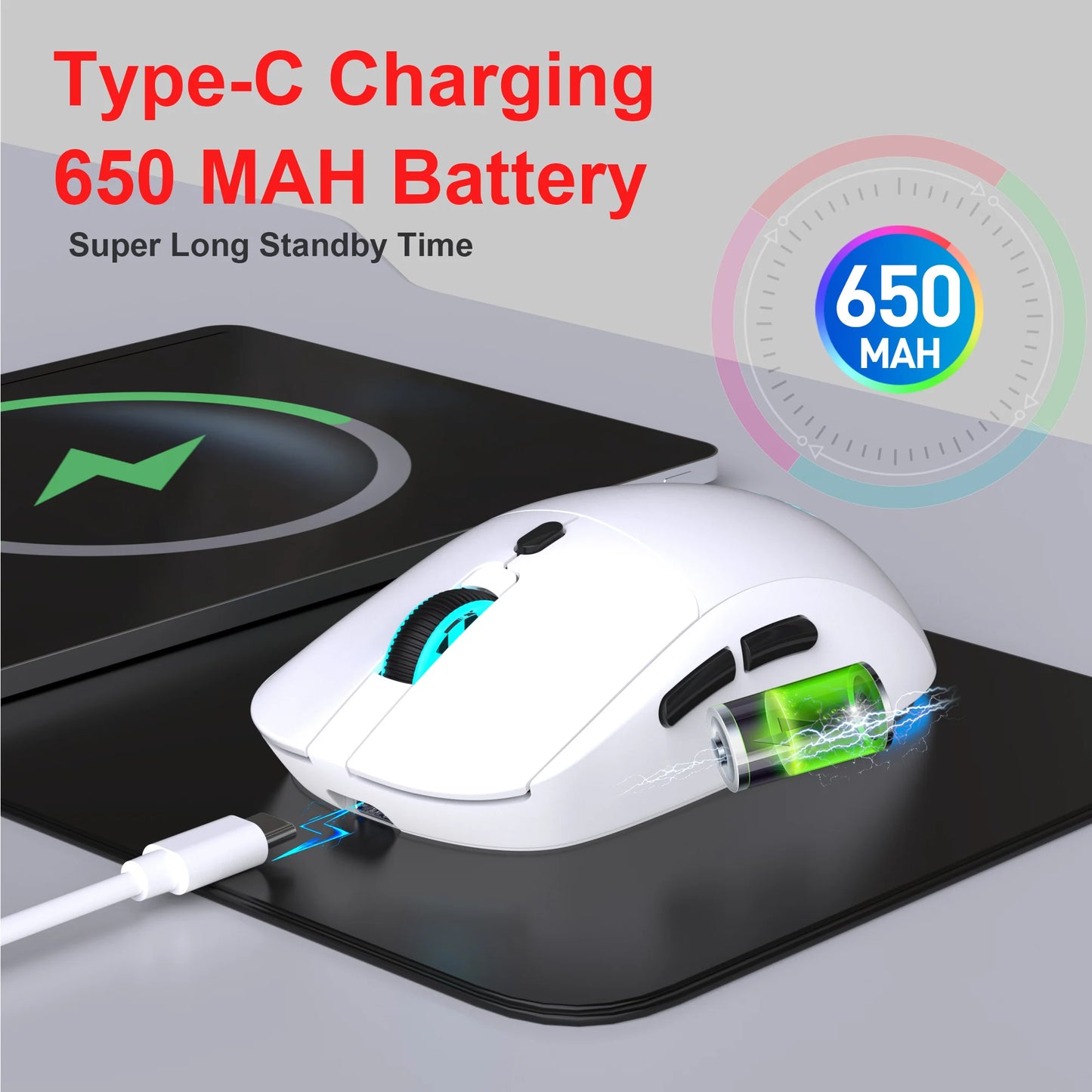 Genopladelig trådløs mus 2.4G RGB – 3600 DPI, Ergonomisk Design, USB-modtager, Type-C opladning
