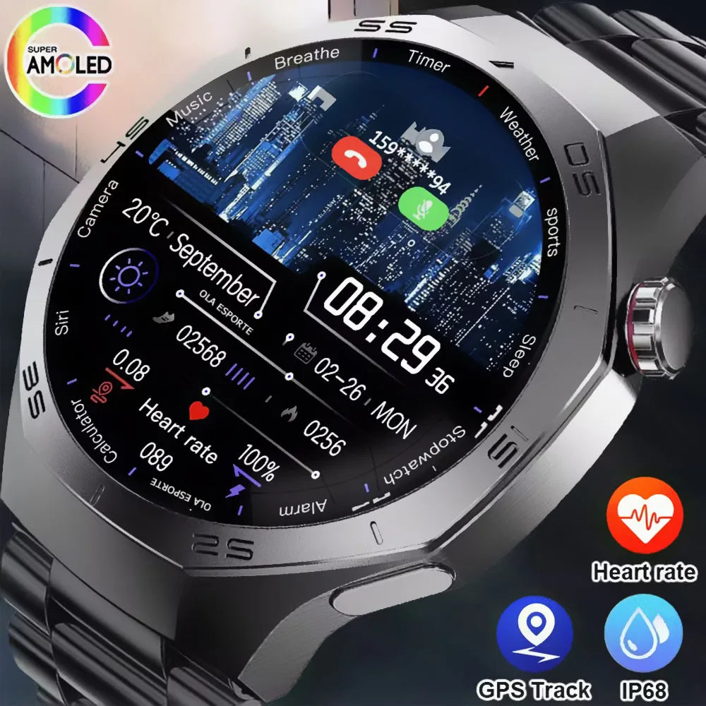 HD AMOLED Smartwatch für Herren mit Bluetooth-Anruffunktion, Herzfrequenzmesser & GPS-Bewegungsverfolgung – Wasserdicht, für Android & iOS (2025)