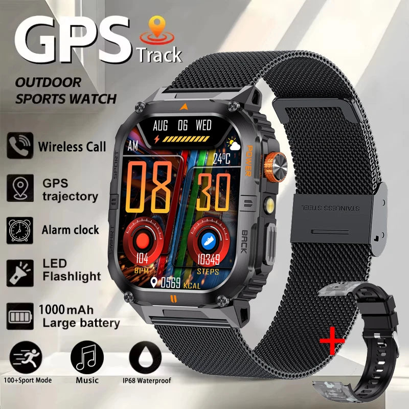 Smart Sportsuhr für Herren – Bluetooth-Anrufe, Fitness-Tracking & LED-Taschenlampe (2,0” HD)