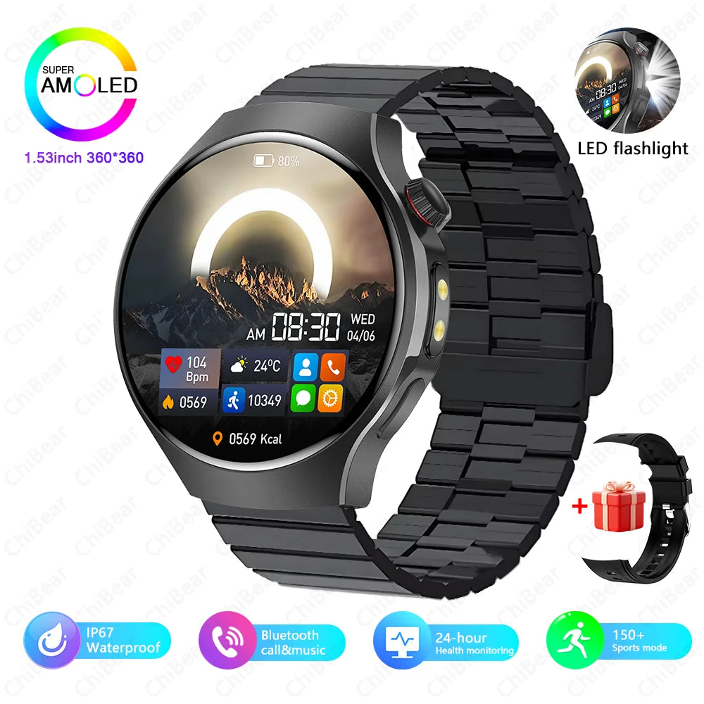 Herren-Smartwatch mit Full Touch, Bluetooth-Anrufen, Kompass und Taschenlampe – Fitness-Tracker und Herzfrequenzmesser, wasserdicht
