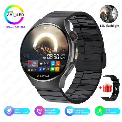 Herren-Smartwatch mit Full Touch, Bluetooth-Anrufen, Kompass und Taschenlampe – Fitness-Tracker und Herzfrequenzmesser, wasserdicht