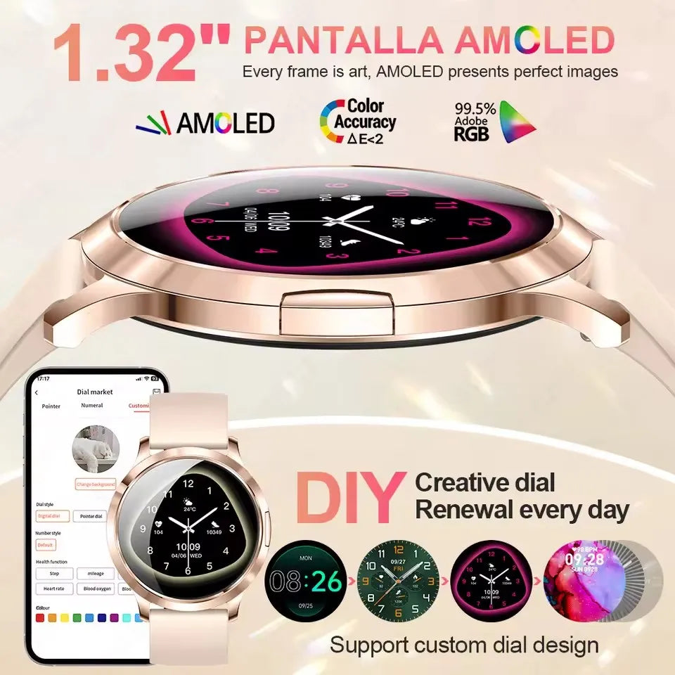 1,32" ultratyndt AMOLED-smartwatch til kvinder med Bluetooth-opkald – Brugerdefinerede urskiver, aktivitetsmåler, luksusdesign