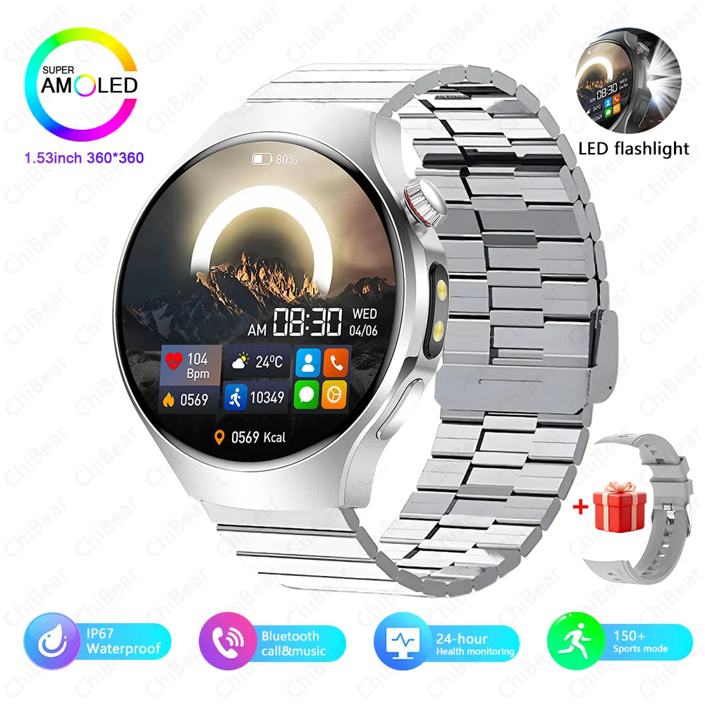 Herren-Smartwatch mit Full Touch, Bluetooth-Anrufen, Kompass und Taschenlampe – Fitness-Tracker und Herzfrequenzmesser, wasserdicht