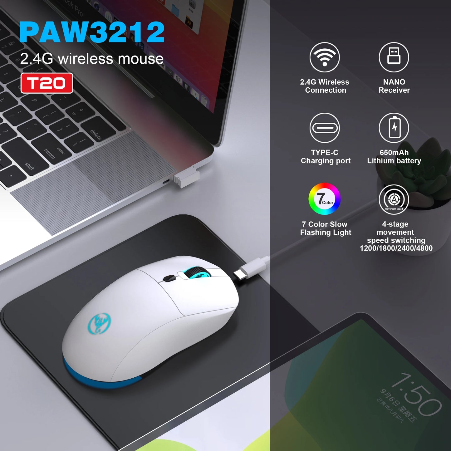 Genopladelig trådløs mus 2.4G RGB – 3600 DPI, Ergonomisk Design, USB-modtager, Type-C opladning