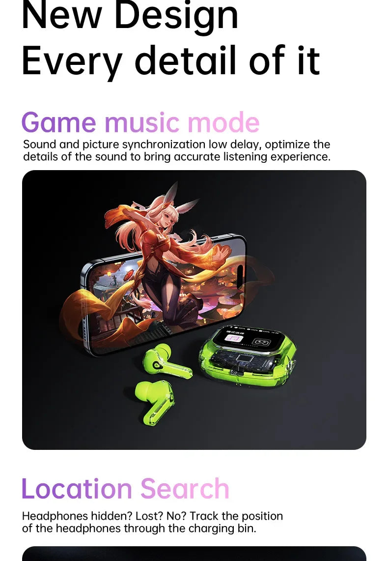 True Wireless Bluetooth 5.4 Earbuds – ANC Noise-Cancelling, HD Stereo Bass, Gamer Headset with LED Touch Control