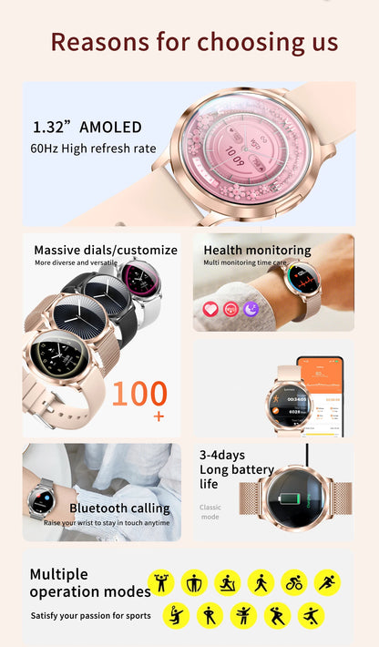 1,32" ultratyndt AMOLED-smartwatch til kvinder med Bluetooth-opkald – Brugerdefinerede urskiver, aktivitetsmåler, luksusdesign