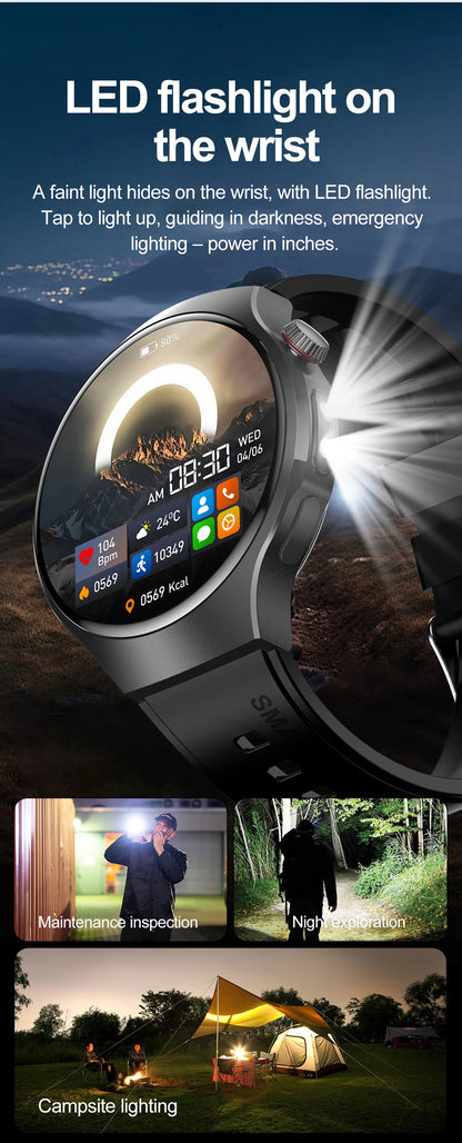 Herren-Smartwatch mit Full Touch, Bluetooth-Anrufen, Kompass und Taschenlampe – Fitness-Tracker und Herzfrequenzmesser, wasserdicht