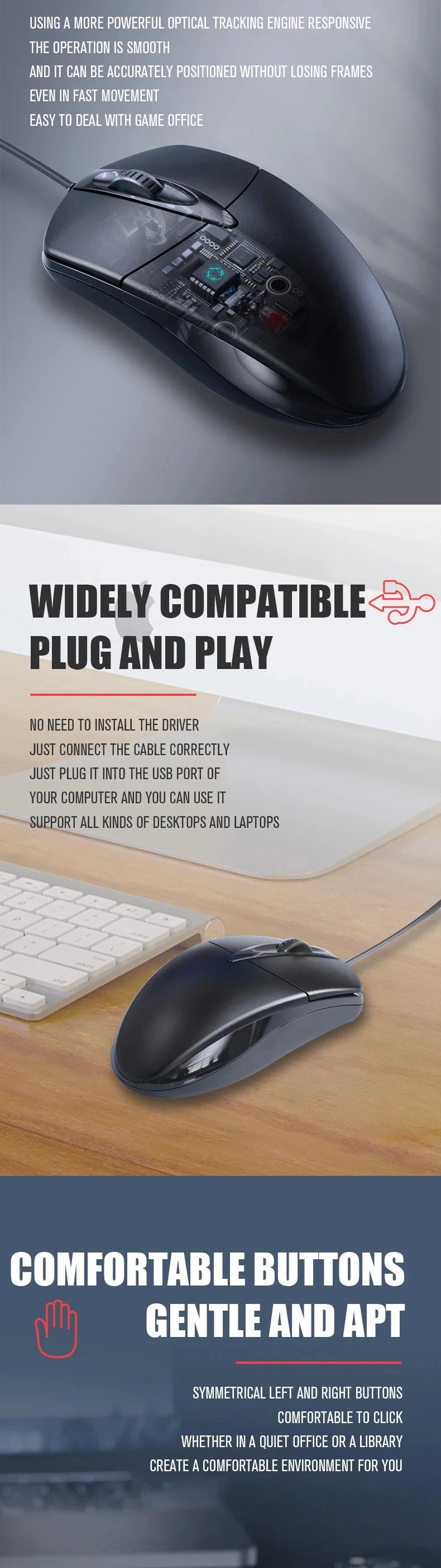 USB Wired Optical Mouse – 1200 DPI, Ergonomic Design, Plug & Play for PC & Laptop