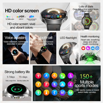 Herren-Smartwatch mit Full Touch, Bluetooth-Anrufen, Kompass und Taschenlampe – Fitness-Tracker und Herzfrequenzmesser, wasserdicht