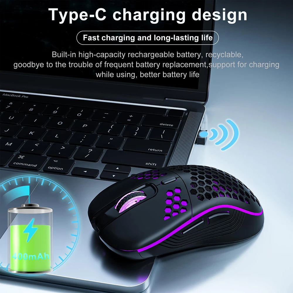 2.4G trådløs RGB-mus med genopladeligt batteri og justerbar DPI (800-1600), ergonomisk design