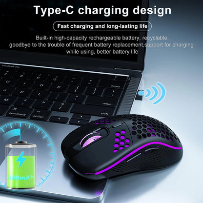 2.4G trådløs RGB-mus med genopladeligt batteri og justerbar DPI (800-1600), ergonomisk design