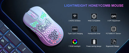 2.4G trådløs RGB-mus med genopladeligt batteri og justerbar DPI (800-1600), ergonomisk design
