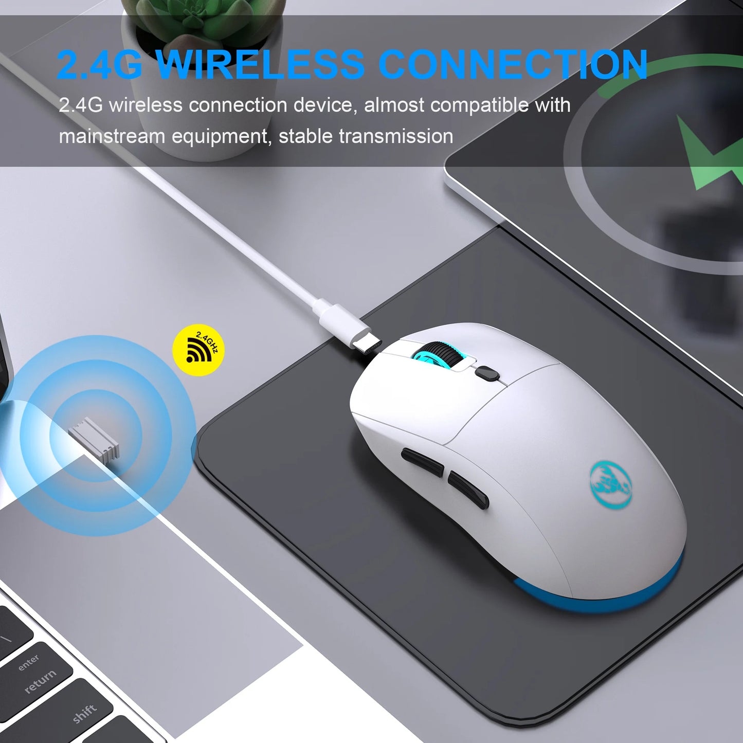 Genopladelig trådløs mus 2.4G RGB – 3600 DPI, Ergonomisk Design, USB-modtager, Type-C opladning
