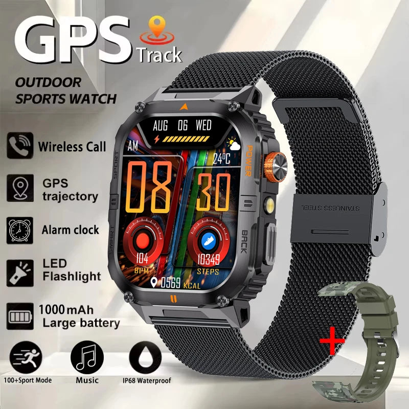 Smart Sportsuhr für Herren – Bluetooth-Anrufe, Fitness-Tracking & LED-Taschenlampe (2,0” HD)
