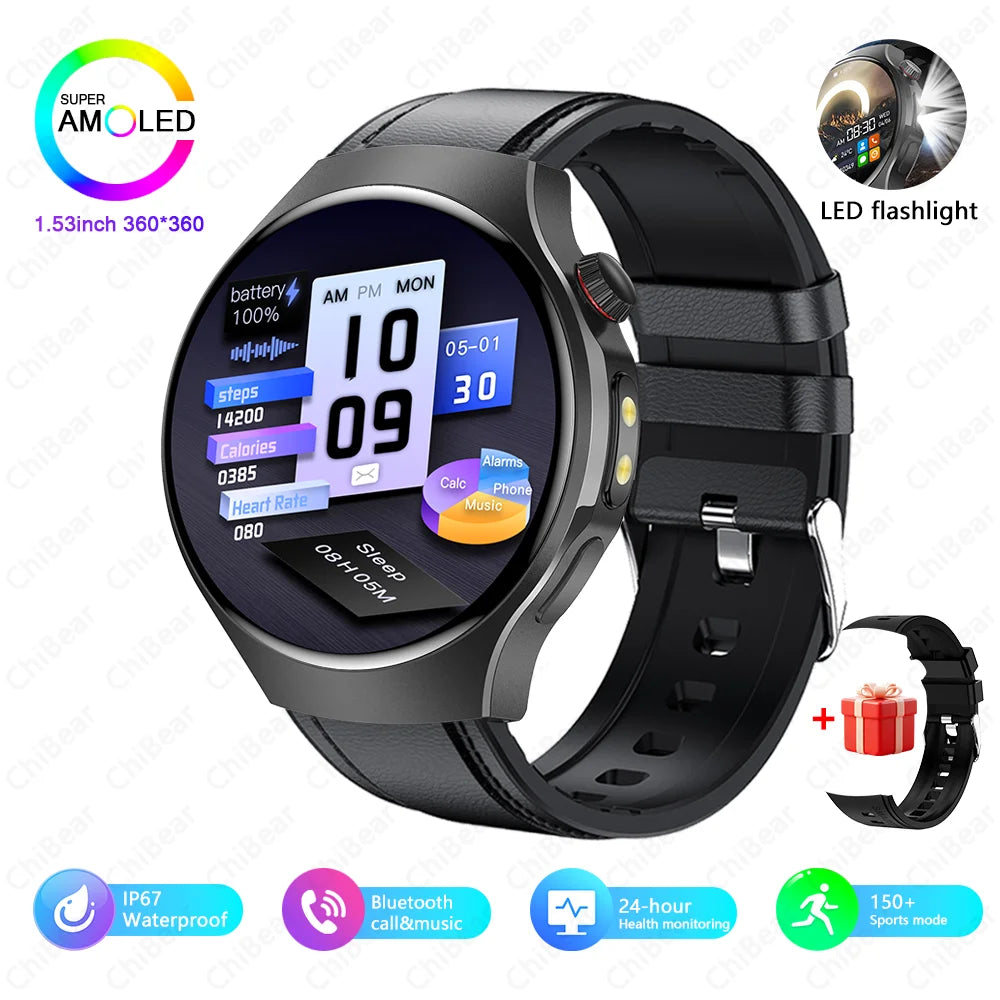 Herren-Smartwatch mit Full Touch, Bluetooth-Anrufen, Kompass und Taschenlampe – Fitness-Tracker und Herzfrequenzmesser, wasserdicht
