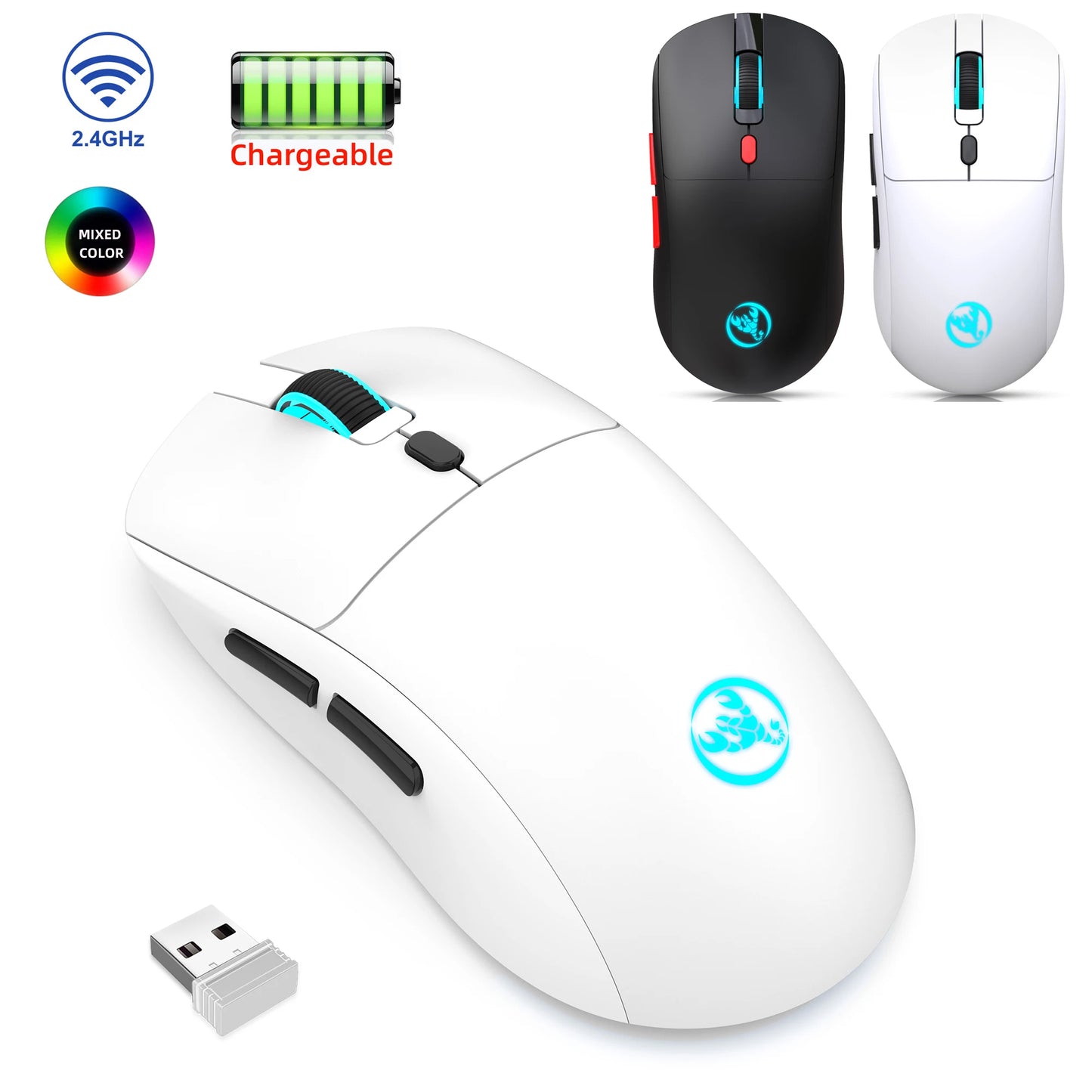 Genopladelig trådløs mus 2.4G RGB – 3600 DPI, Ergonomisk Design, USB-modtager, Type-C opladning
