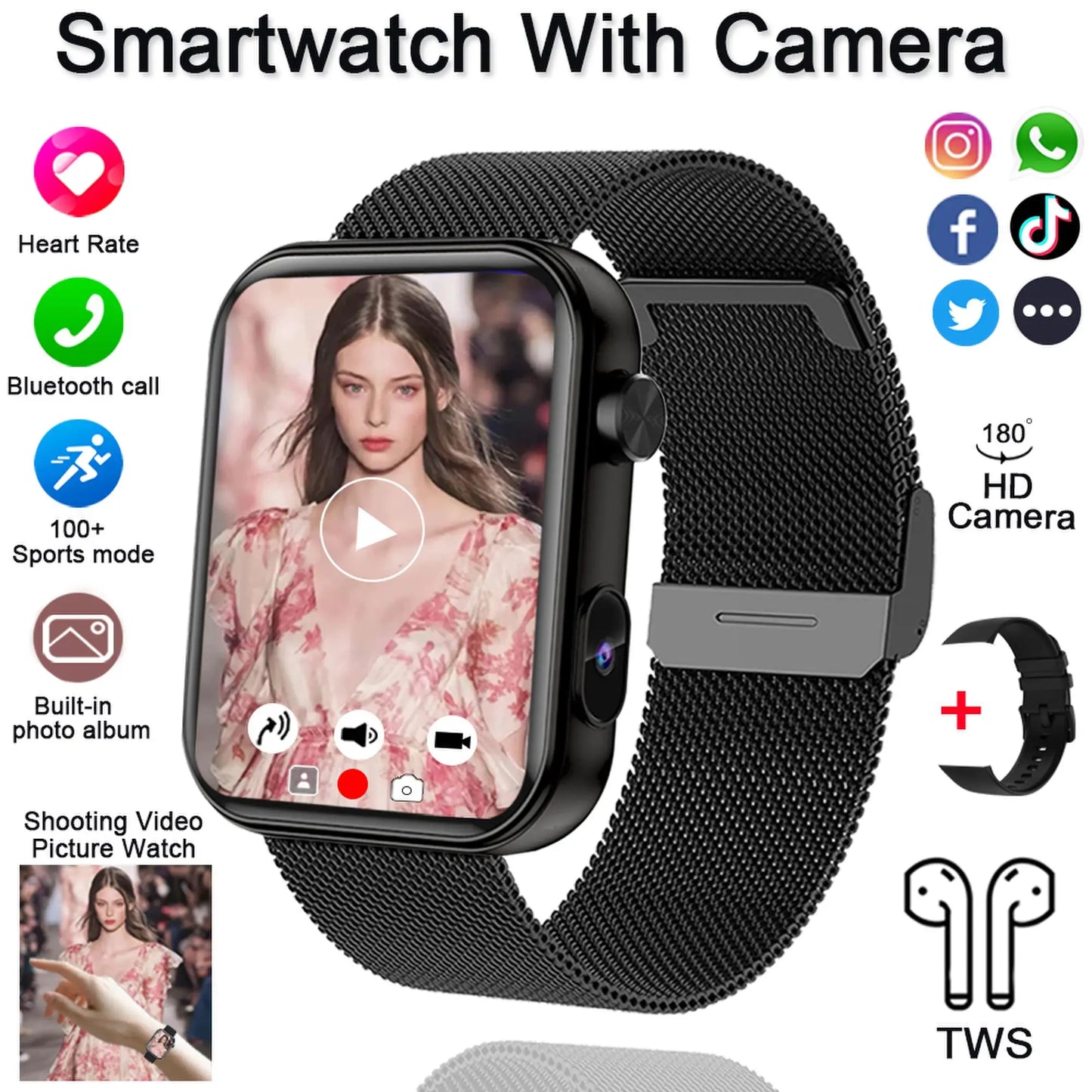 Smartwatch 2025 für Damen und Herren – Kamera, Videoaufzeichnung, Gesundheits- und Fitness-Tracker, wasserdicht, Bluetooth-Anruf