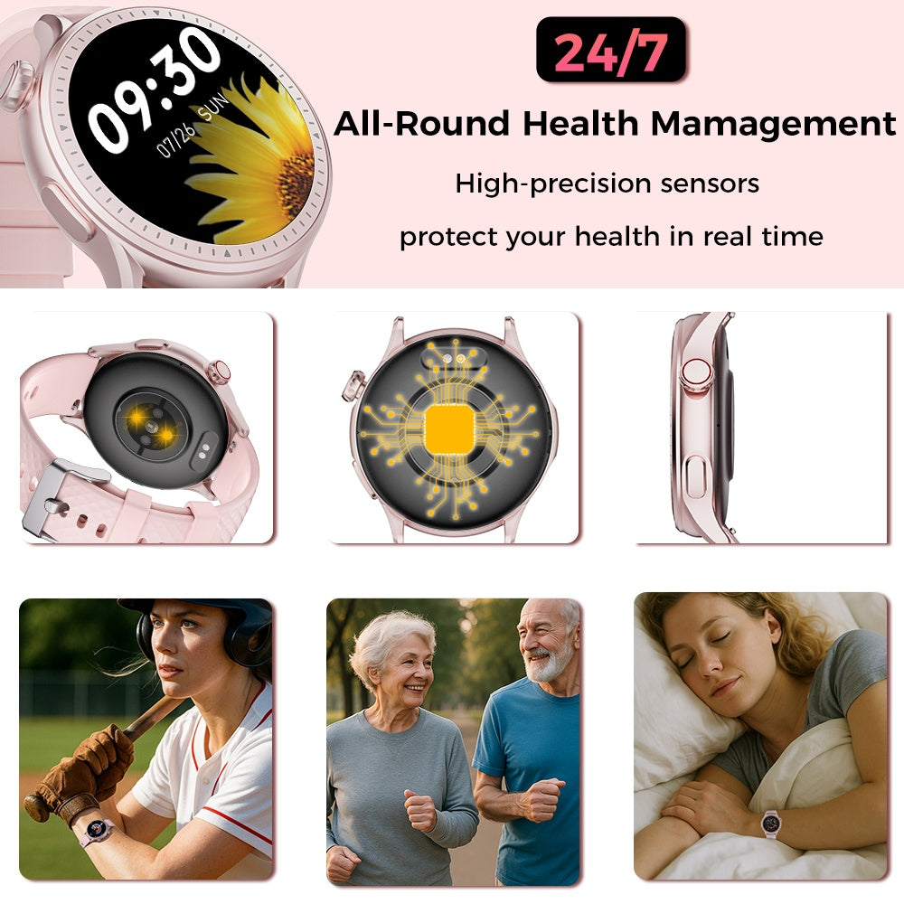 Runde Smartwatch, 1,43 Zoll HD, 3ATM wasserdicht, ausgestattet mit Herzfrequenzerkennung, Schlafüberwachung und Schrittverfolgung, 100 Sportmodi, Bewegungsmonitor, Weihnachtsgeschenke, modische Uhren